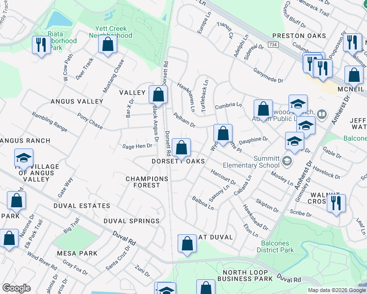 map of restaurants, bars, coffee shops, grocery stores, and more near 4512 Everest Lane in Austin