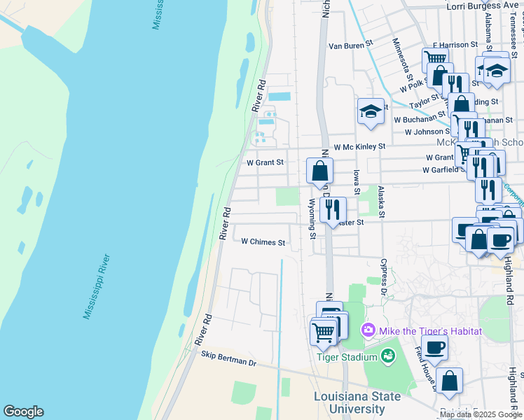 map of restaurants, bars, coffee shops, grocery stores, and more near 3003 South River Road in Baton Rouge