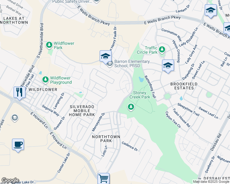 map of restaurants, bars, coffee shops, grocery stores, and more near 705B Jane Austen Trail in Pflugerville