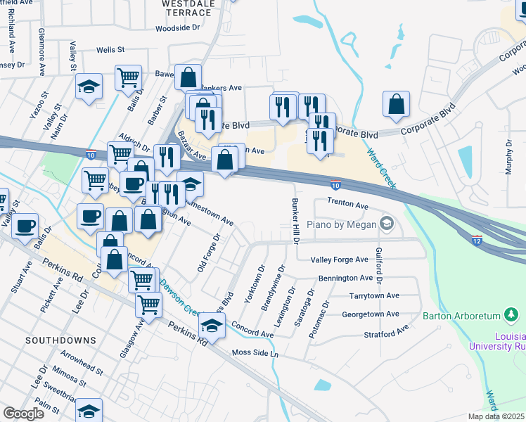 map of restaurants, bars, coffee shops, grocery stores, and more near 5255 Congress Boulevard in Baton Rouge