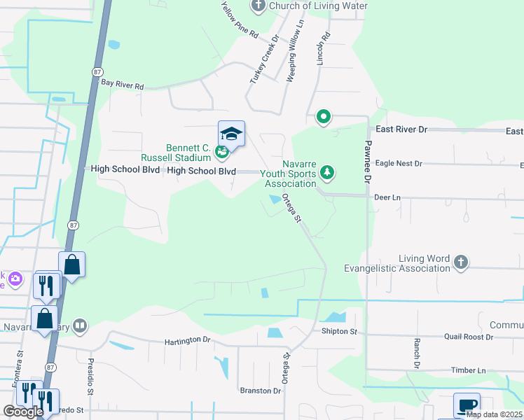map of restaurants, bars, coffee shops, grocery stores, and more near 8739 Faye Court in Navarre