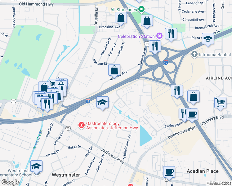 map of restaurants, bars, coffee shops, grocery stores, and more near 9330 North Interstate Drive in Baton Rouge