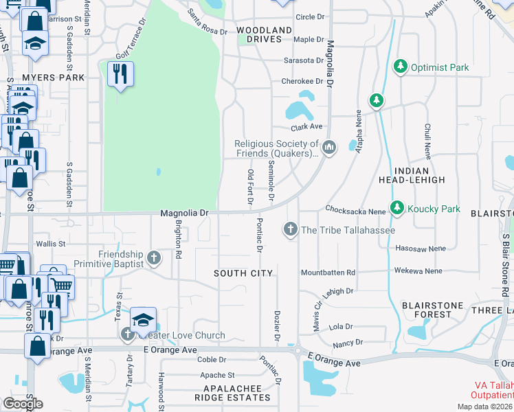 map of restaurants, bars, coffee shops, grocery stores, and more near 953 East Magnolia Drive in Tallahassee