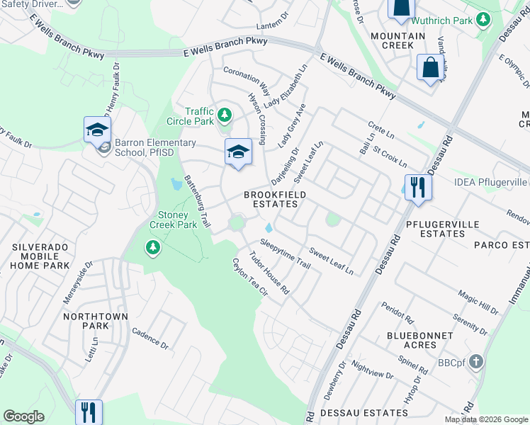 map of restaurants, bars, coffee shops, grocery stores, and more near 14405 Spearmint Tea Trail in Pflugerville