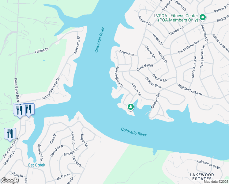 map of restaurants, bars, coffee shops, grocery stores, and more near 1200 Dusk Court in Lago Vista