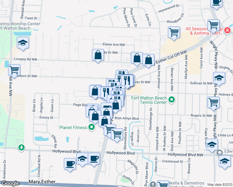 map of restaurants, bars, coffee shops, grocery stores, and more near 1099 Bryn Mawr Blvd in Mary Esther