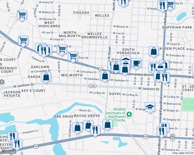map of restaurants, bars, coffee shops, grocery stores, and more near 3007 West Gadsden Street in Pensacola