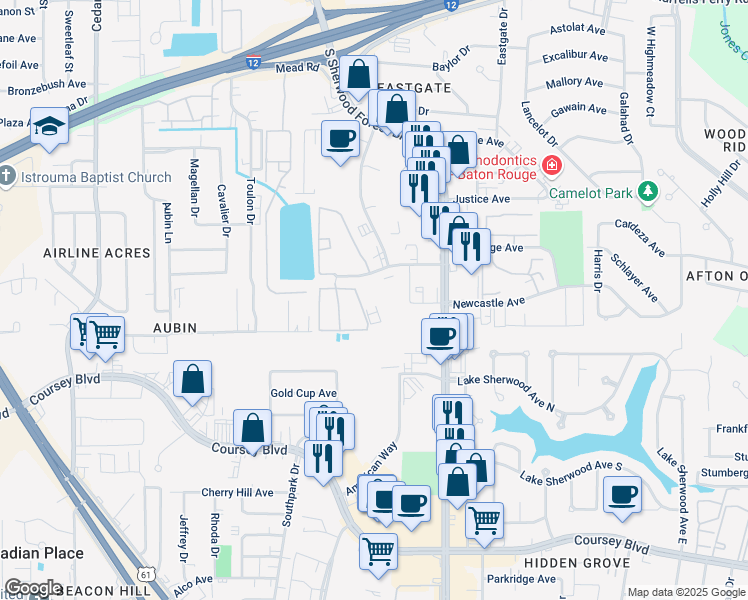 map of restaurants, bars, coffee shops, grocery stores, and more near 11550 Southfork Avenue in Baton Rouge