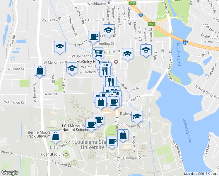 map of restaurants, bars, coffee shops, grocery stores, and more near 3101 Highland Road in Baton Rouge