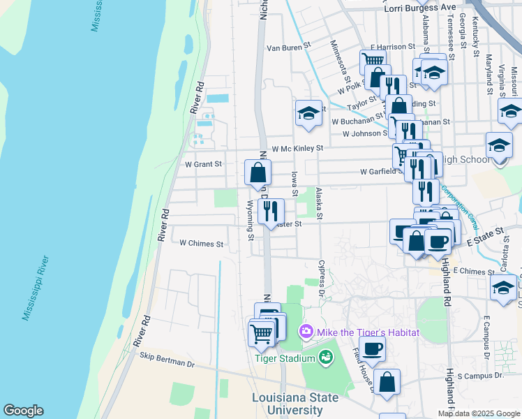 map of restaurants, bars, coffee shops, grocery stores, and more near 3164 Nicholson Drive in Baton Rouge