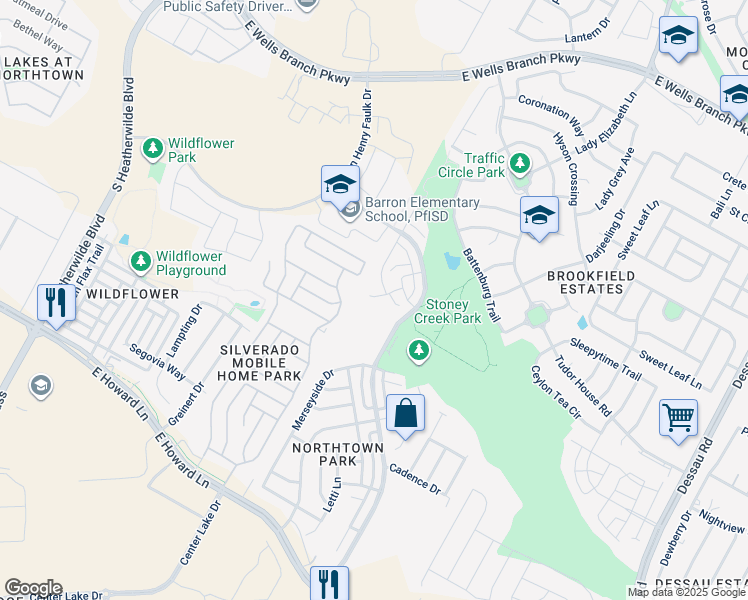 map of restaurants, bars, coffee shops, grocery stores, and more near 705B Jane Austen Trail in Pflugerville