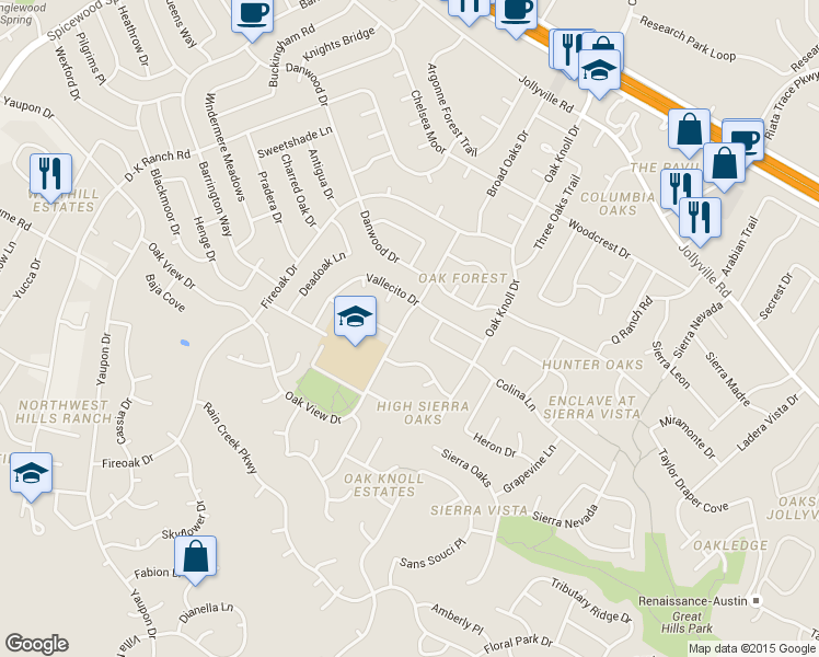 map of restaurants, bars, coffee shops, grocery stores, and more near 11203 Oak View Drive in Austin