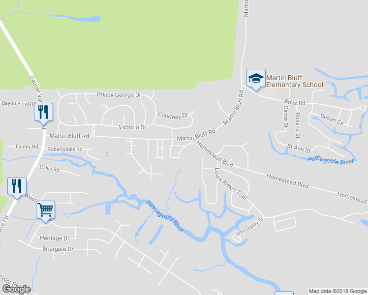 map of restaurants, bars, coffee shops, grocery stores, and more near Westover Drive in Gautier