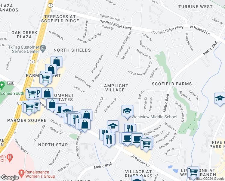 map of restaurants, bars, coffee shops, grocery stores, and more near 12800 Powderhorn Street in Austin