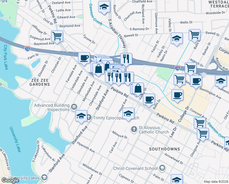 map of restaurants, bars, coffee shops, grocery stores, and more near 2257 Cloverdale Avenue in Baton Rouge