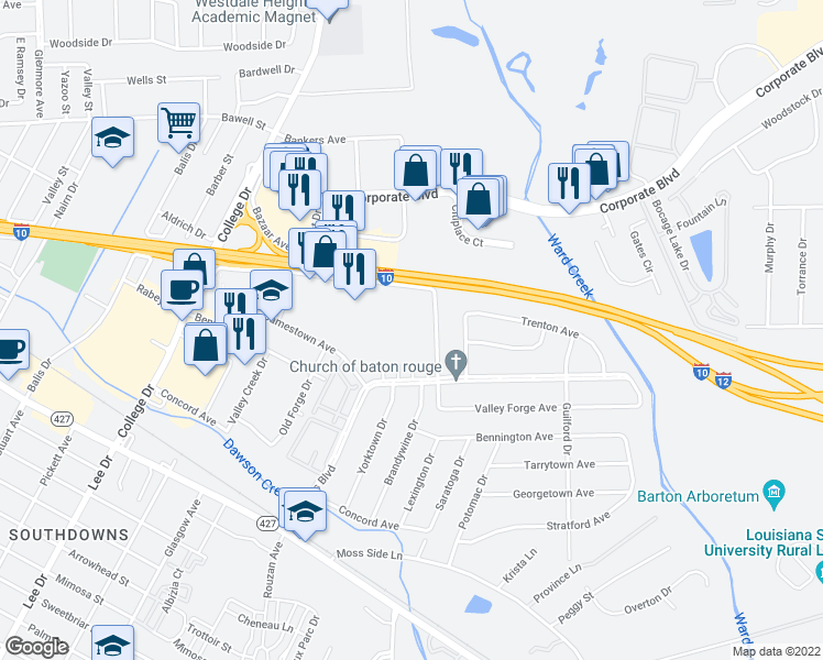 map of restaurants, bars, coffee shops, grocery stores, and more near 2414 Bunker Hill Drive in Baton Rouge