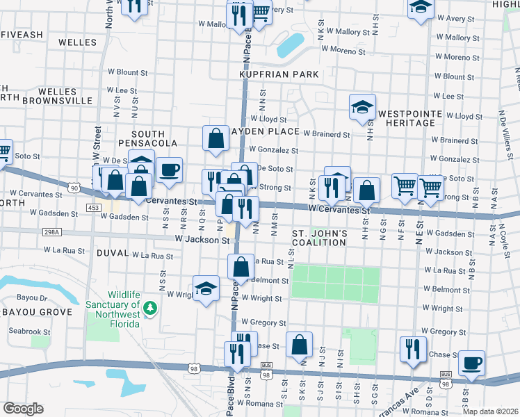 map of restaurants, bars, coffee shops, grocery stores, and more near 708 North N Street in Pensacola