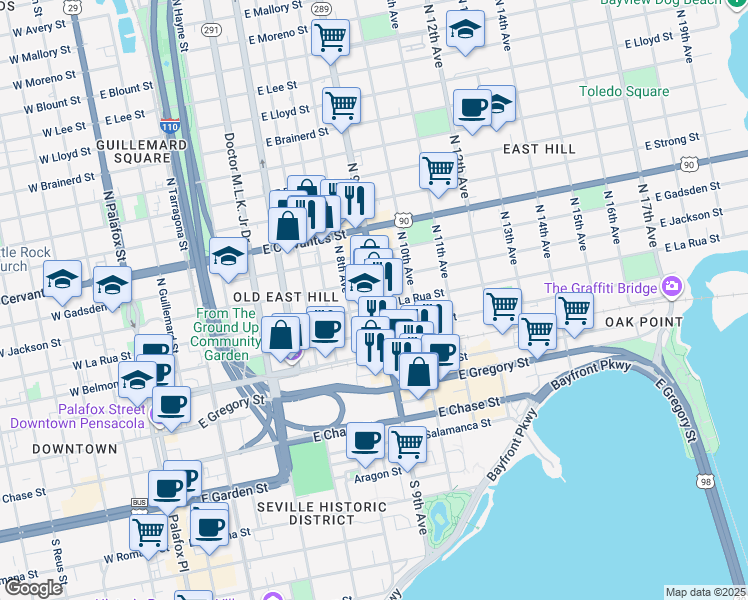 map of restaurants, bars, coffee shops, grocery stores, and more near 823 East La Rua Street in Pensacola