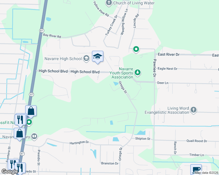 map of restaurants, bars, coffee shops, grocery stores, and more near 8739 Faye Court in Navarre