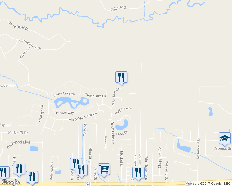 map of restaurants, bars, coffee shops, grocery stores, and more near 2330 Orion Lake Drive in Navarre