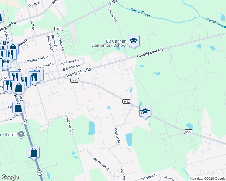 map of restaurants, bars, coffee shops, grocery stores, and more near 13519 Farm-To-Market 2432 in Willis