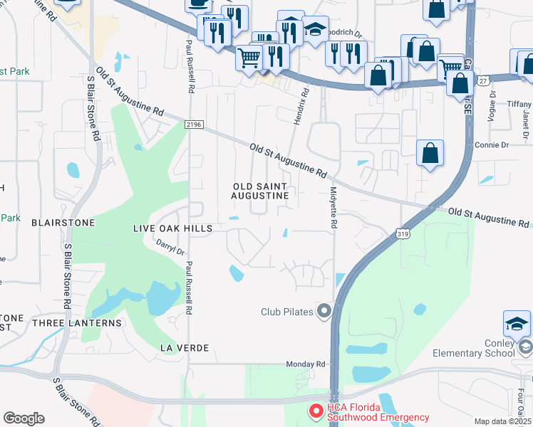 map of restaurants, bars, coffee shops, grocery stores, and more near 1567 Pine View Drive in Tallahassee