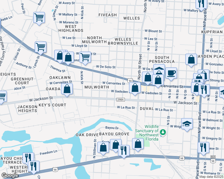 map of restaurants, bars, coffee shops, grocery stores, and more near 3204 West Gadsden Street in Pensacola