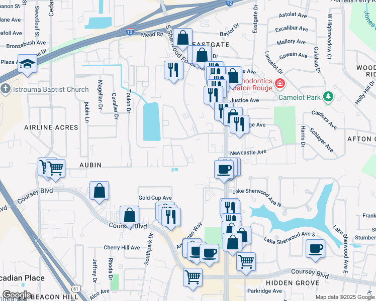 map of restaurants, bars, coffee shops, grocery stores, and more near 11550 Southfork Avenue in Baton Rouge