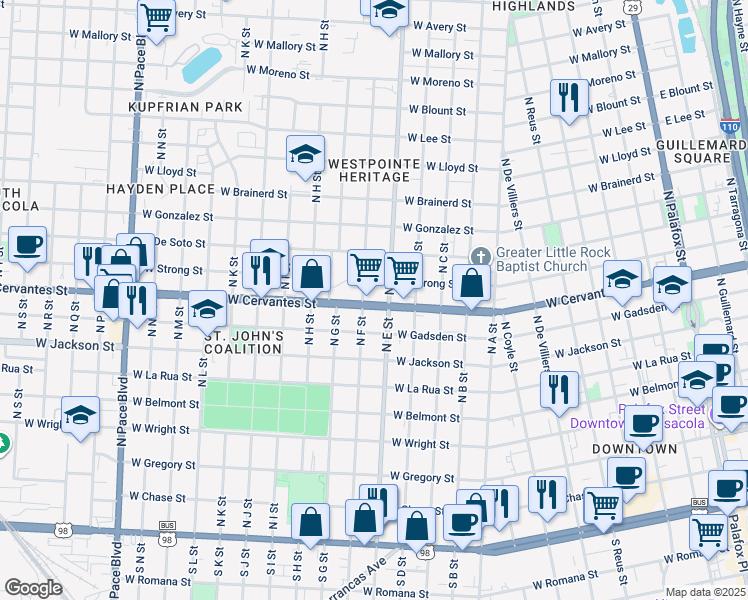 map of restaurants, bars, coffee shops, grocery stores, and more near 1112 West Cervantes Street in Pensacola