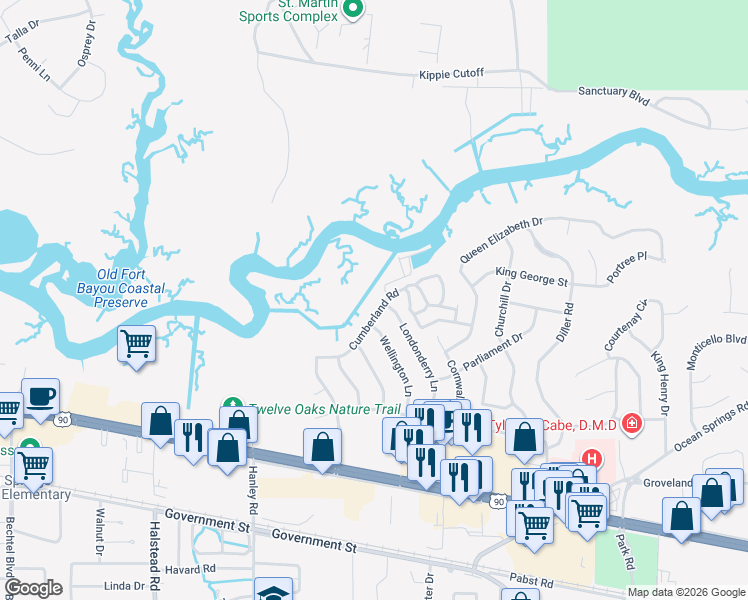 map of restaurants, bars, coffee shops, grocery stores, and more near 1231 Londonderry Lane in Ocean Springs