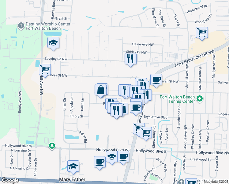map of restaurants, bars, coffee shops, grocery stores, and more near 49 Ruby Circle in Mary Esther