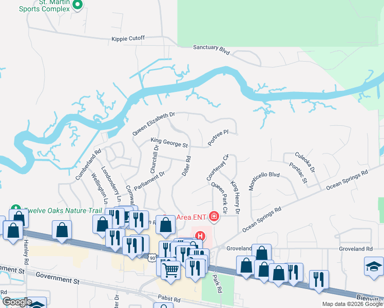map of restaurants, bars, coffee shops, grocery stores, and more near 1348 Diller Road in Ocean Springs