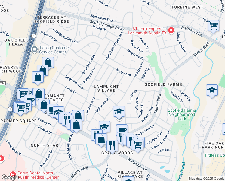 map of restaurants, bars, coffee shops, grocery stores, and more near 12902 Esplanade Street in Austin