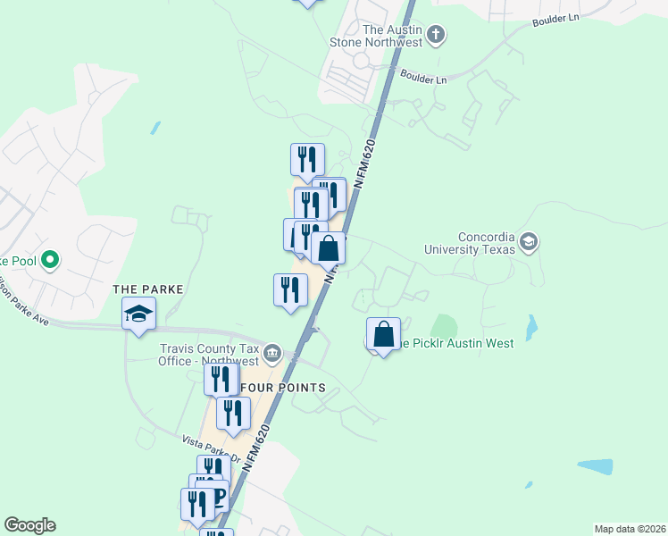 map of restaurants, bars, coffee shops, grocery stores, and more near 8245 North FM 620 in Austin