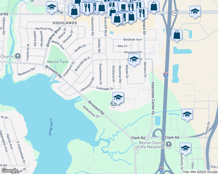 map of restaurants, bars, coffee shops, grocery stores, and more near 1146 Carthage Drive in Jacksonville