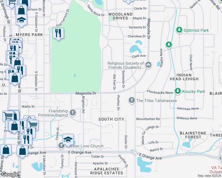 map of restaurants, bars, coffee shops, grocery stores, and more near 953 East Magnolia Drive in Tallahassee