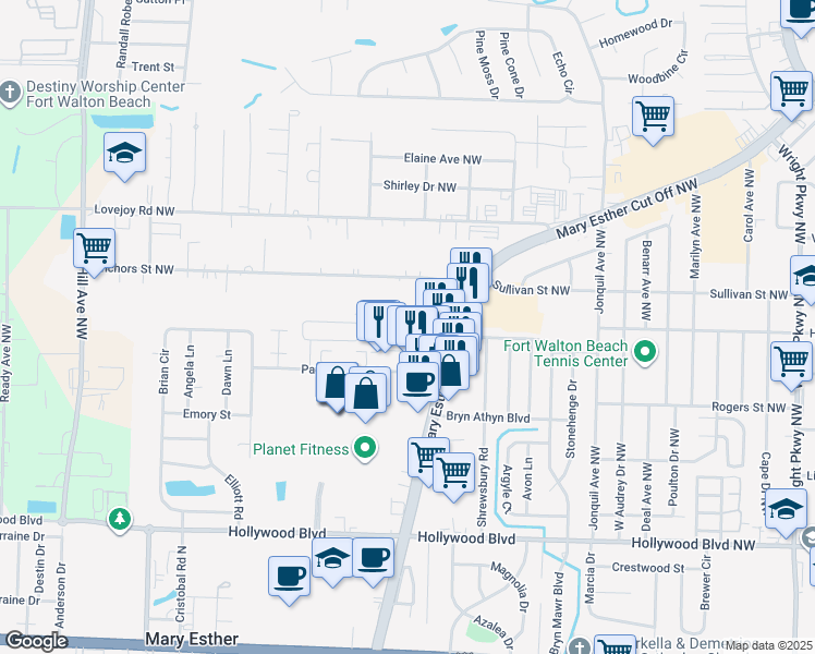 map of restaurants, bars, coffee shops, grocery stores, and more near 57 Forsman Circle Northwest in Fort Walton Beach