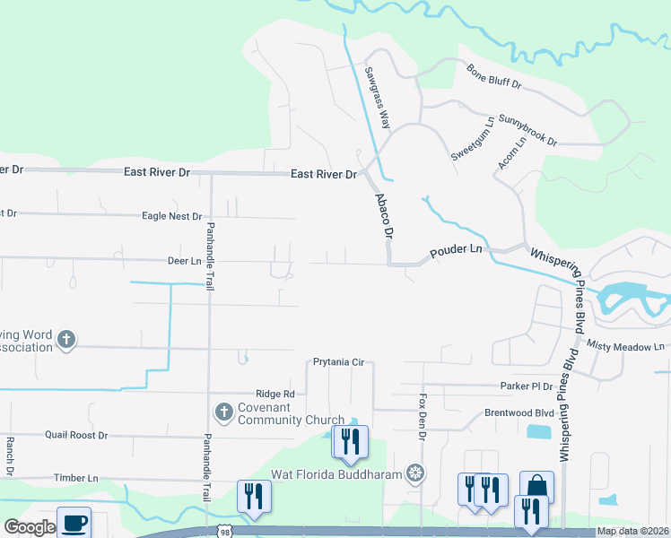 map of restaurants, bars, coffee shops, grocery stores, and more near 9343 Pouder Lane in Navarre