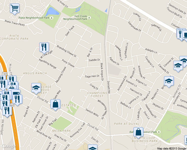 map of restaurants, bars, coffee shops, grocery stores, and more near 4903 Sage Hen Drive in Austin