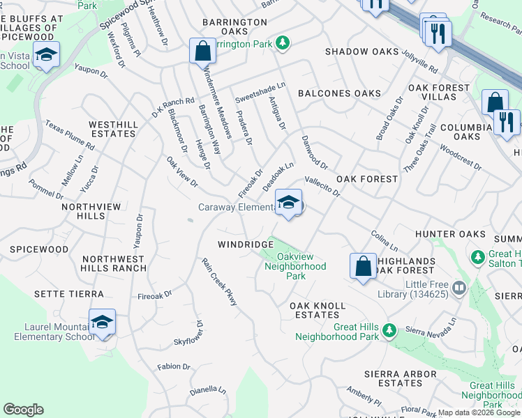 map of restaurants, bars, coffee shops, grocery stores, and more near 11102 Spear Oak Cove in Austin