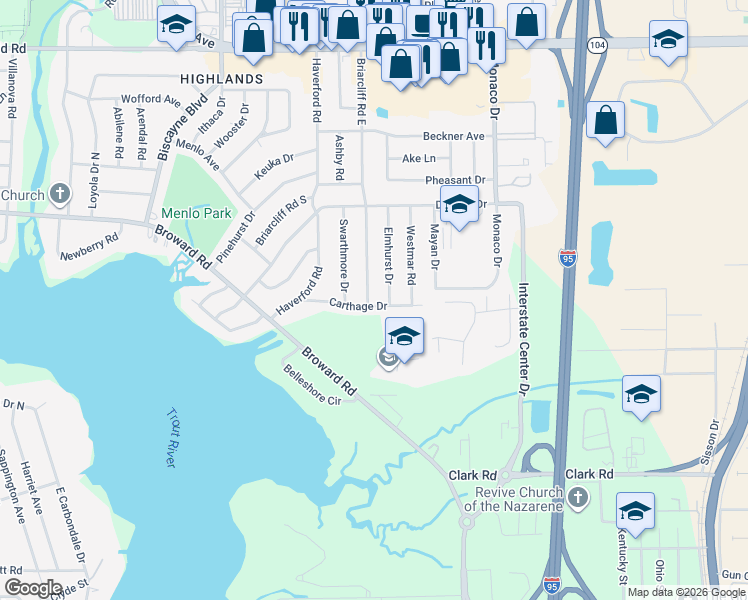 map of restaurants, bars, coffee shops, grocery stores, and more near 1146 Carthage Drive in Jacksonville