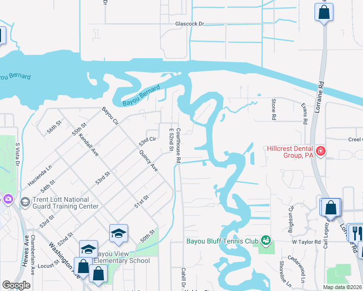 map of restaurants, bars, coffee shops, grocery stores, and more near 18 East 52nd Street in Gulfport