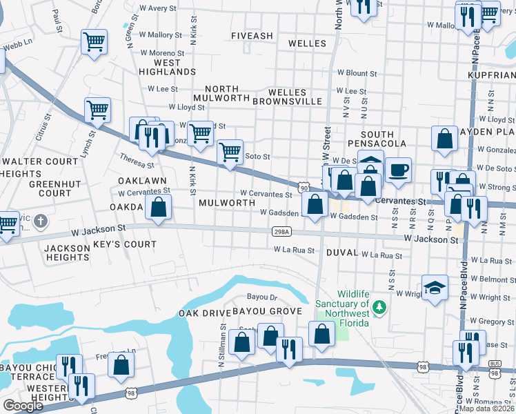 map of restaurants, bars, coffee shops, grocery stores, and more near 3206 West Gadsden Street in Pensacola