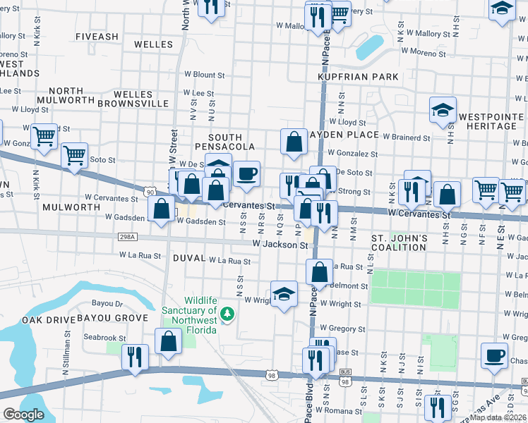 map of restaurants, bars, coffee shops, grocery stores, and more near 2325 West Cervantes Street in Pensacola