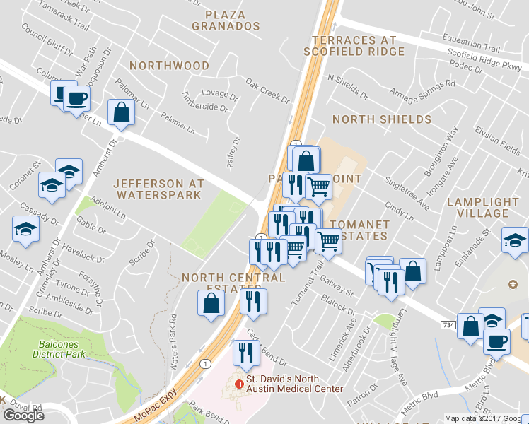 map of restaurants, bars, coffee shops, grocery stores, and more near N Mopac Expy & W Parmer Ln in Austin