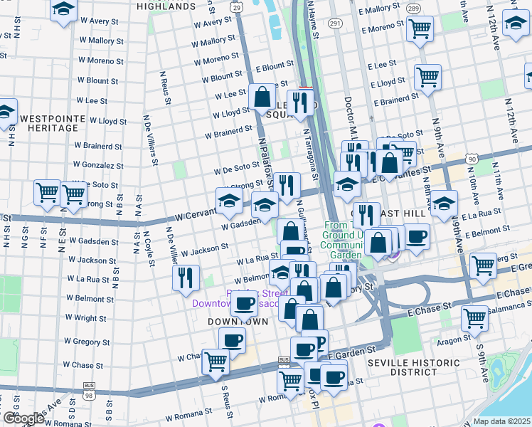 map of restaurants, bars, coffee shops, grocery stores, and more near 14 West Gadsden Street in Pensacola
