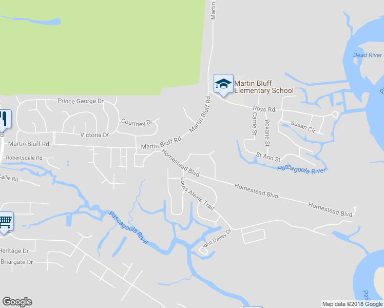 map of restaurants, bars, coffee shops, grocery stores, and more near 1509 Hillcrest Drive in Gautier