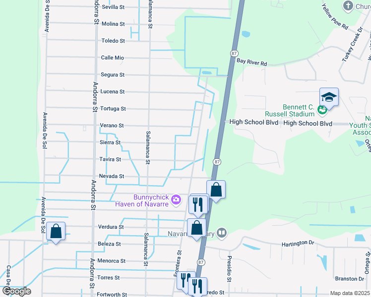 map of restaurants, bars, coffee shops, grocery stores, and more near 8408 Tavira Street in Navarre