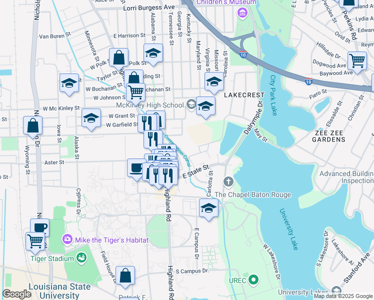 map of restaurants, bars, coffee shops, grocery stores, and more near 3000 July Street in Baton Rouge