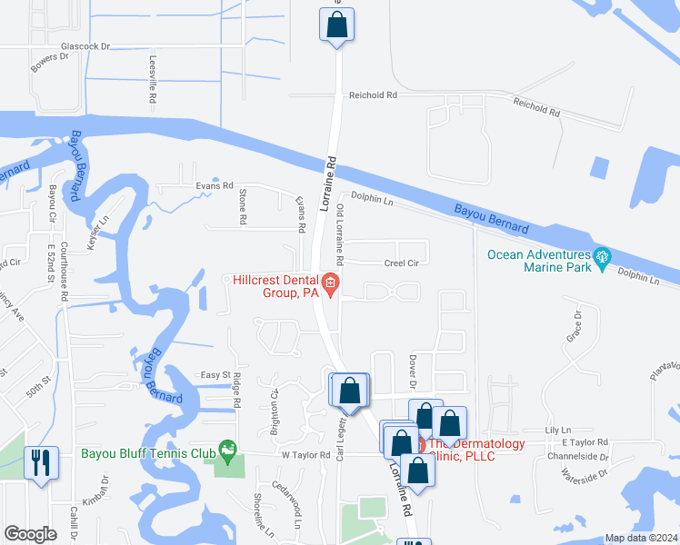 map of restaurants, bars, coffee shops, grocery stores, and more near 9298 Old Lorraine Road in Gulfport